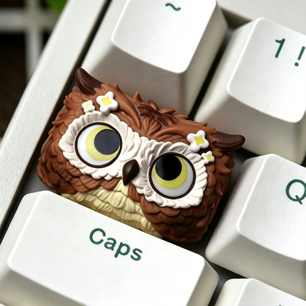 handmade-owl-resin-artisan-keycap-featuring-brown-flower-owl-and-grey-owl-animal-design-with-layered-epoxy-resin-craft-for-mechanical-keyboards