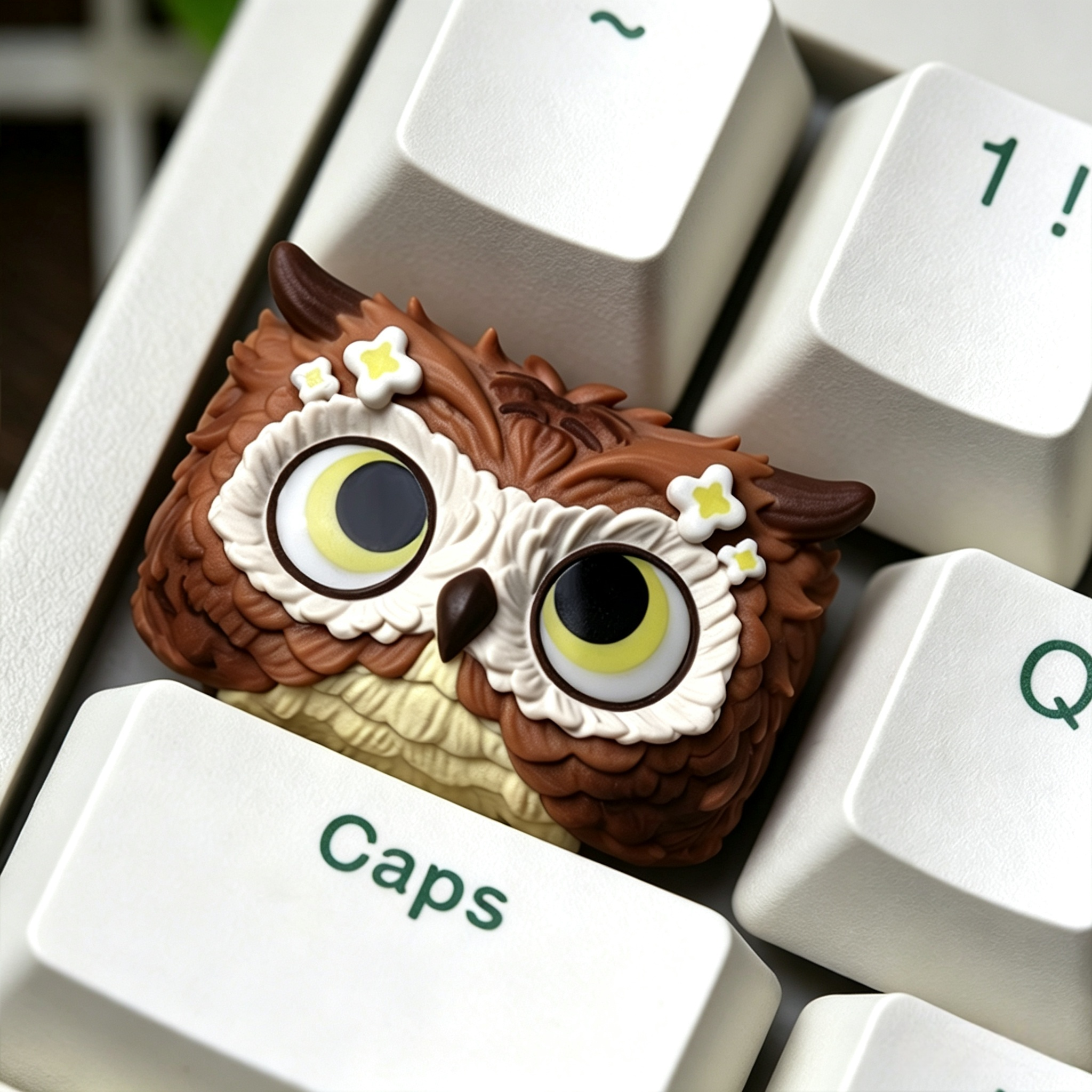 handmade-owl-resin-artisan-keycap-featuring-brown-flower-owl-and-grey-owl-animal-design-with-layered-epoxy-resin-craft-for-mechanical-keyboards