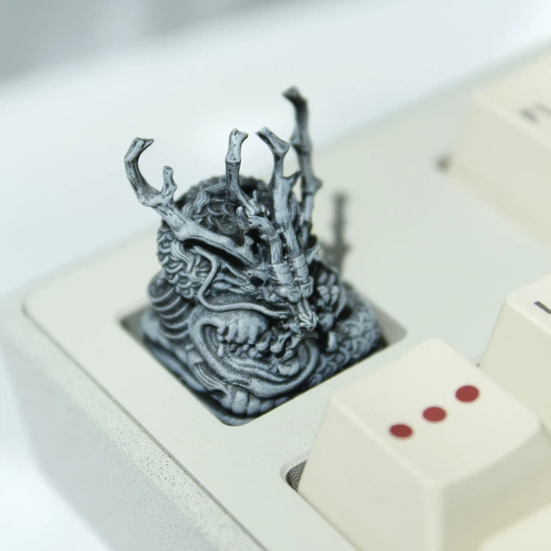 Patina bronze dragon artisan keycap with vintage sculpted details for fantasy mechanical keyboard setups