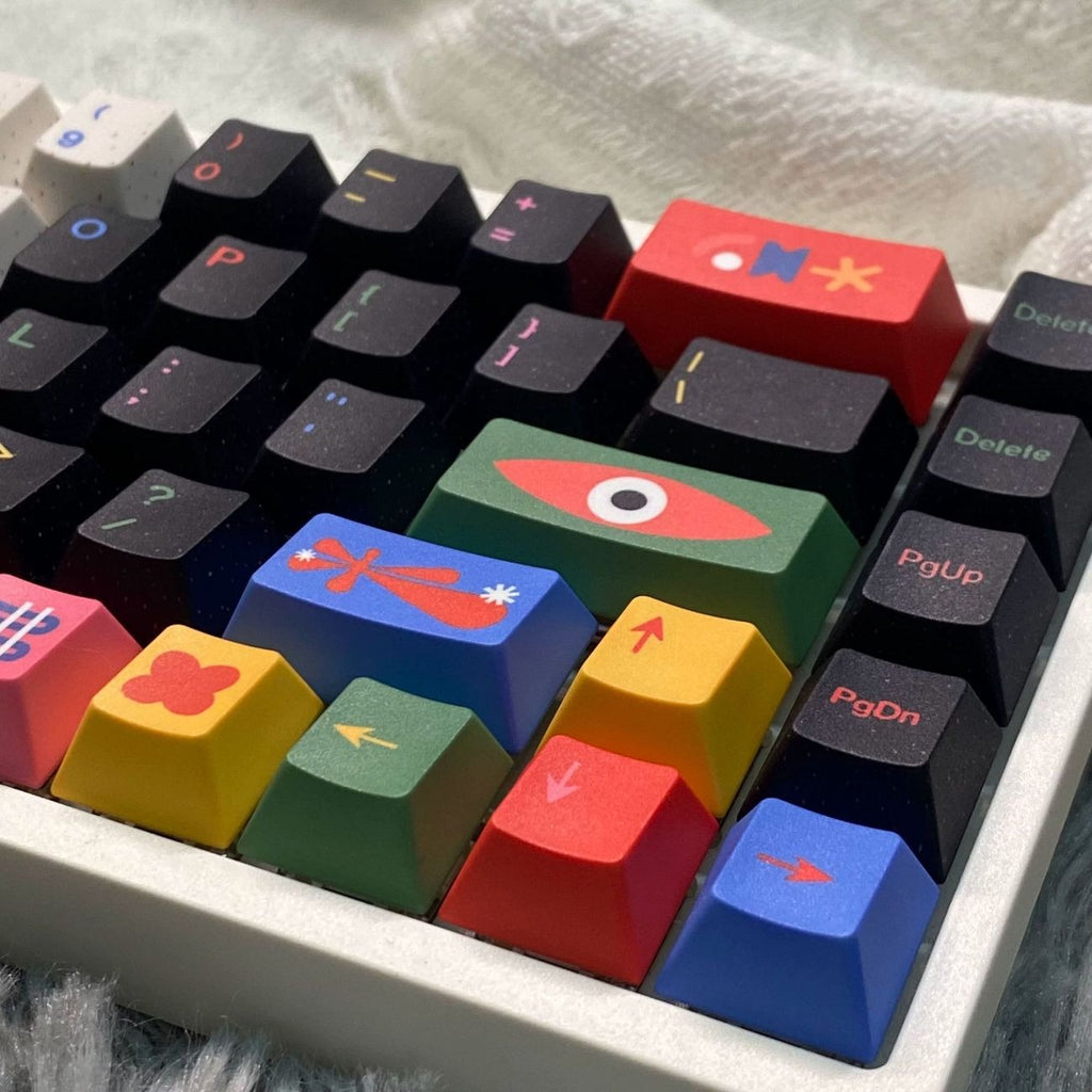 Premium PBT keycaps with five-sided dye sublimation printing for durable colors and detailed artwork reproduction
