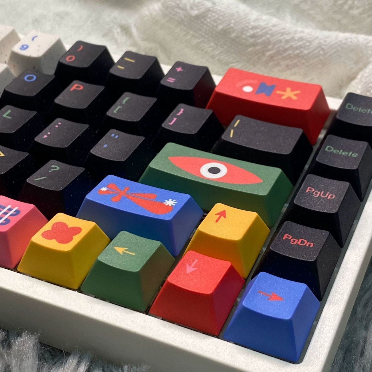 Premium PBT keycaps with five-sided dye sublimation printing for durable colors and detailed artwork reproduction