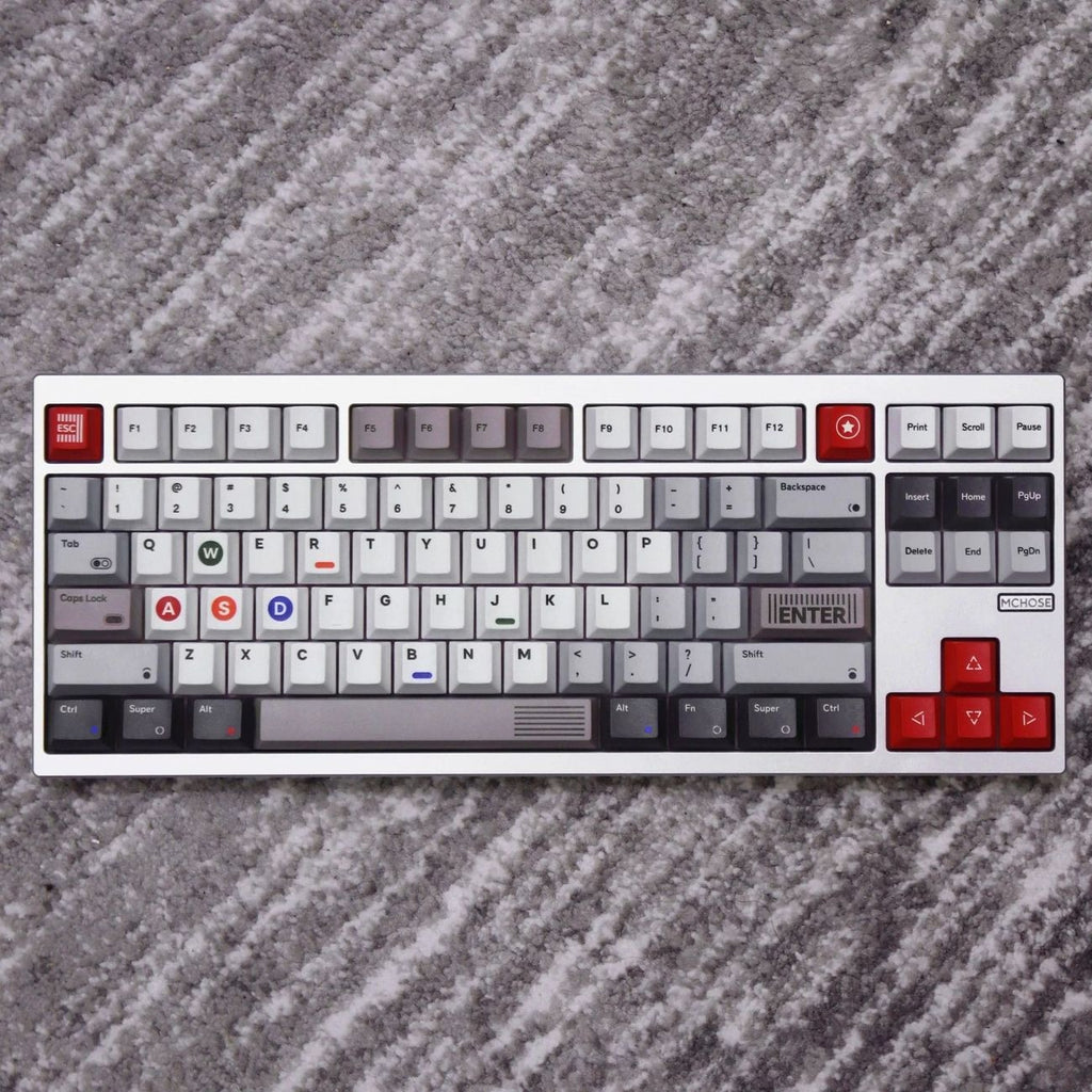 Retro 1989 vintage PBT keycap set featuring classic beige gray black and red colors inspired by 1980s computer keyboards and retro technology