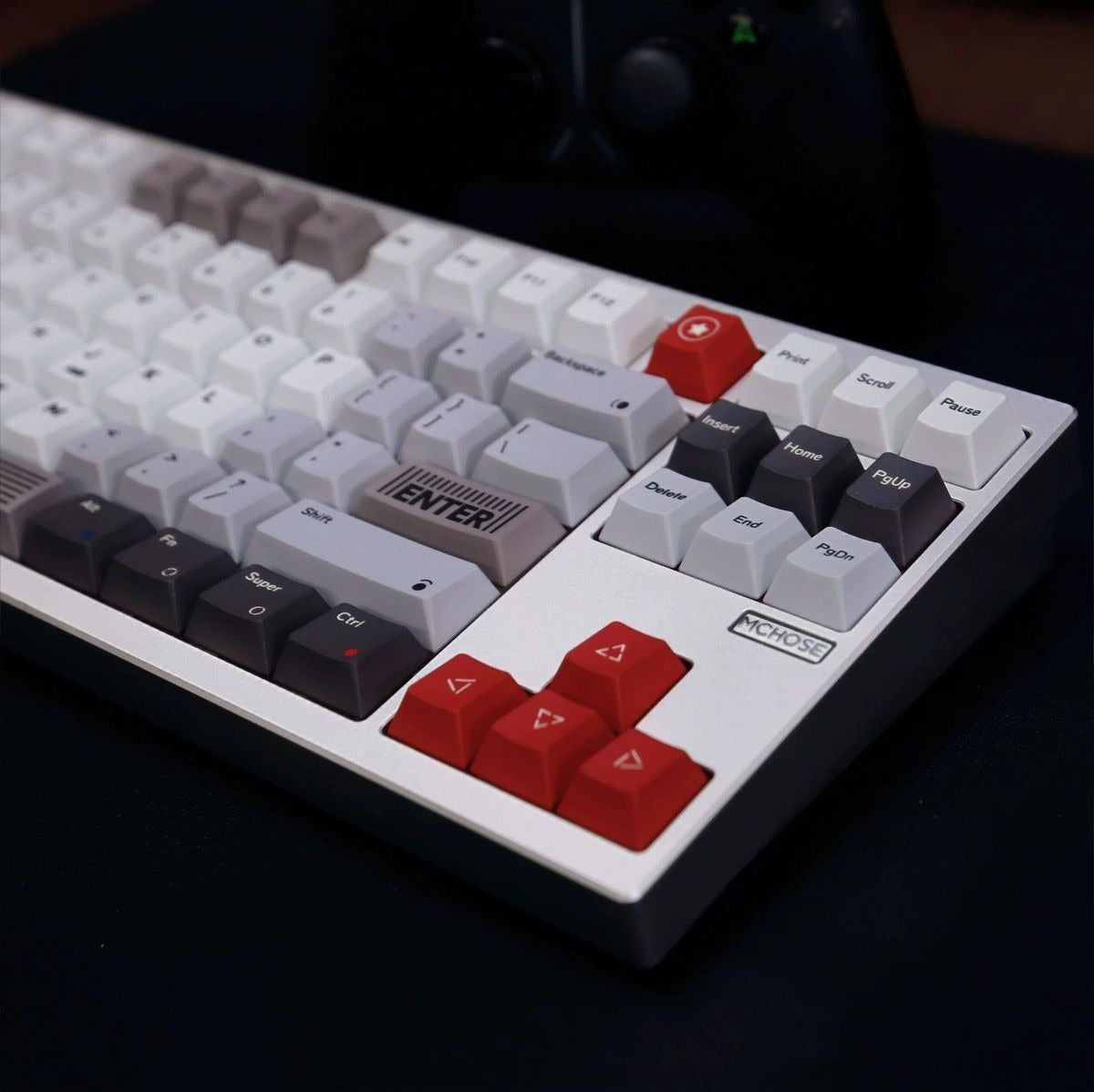 Retro computer inspired keycap set displayed in a vintage desktop setup with classic technology aesthetics