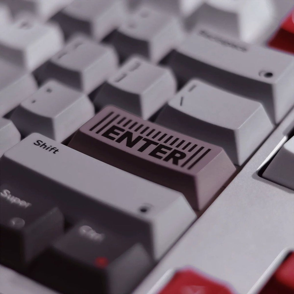 Premium PBT keycaps with five-sided dye sublimation printing, textured surface, and durable retro themed artwork