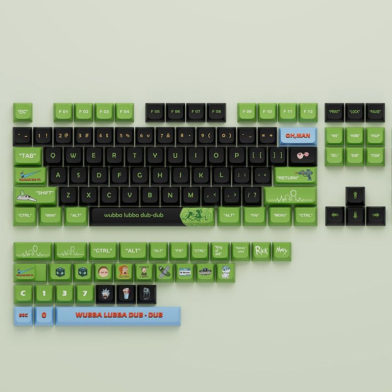 Rick and Morty PBT keycap set in green and black, 135 keys in XDA profile for a vibrant and durable keyboard upgrade