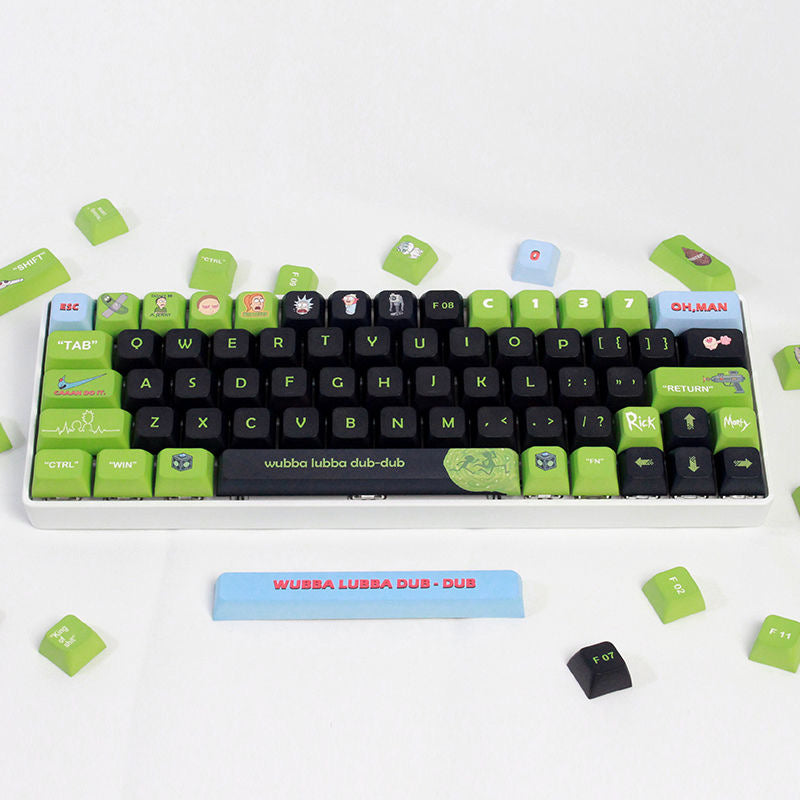 Close-up of aiheystudio’s Rick and Morty keycaps showcasing detailed character designs on durable PBT material.