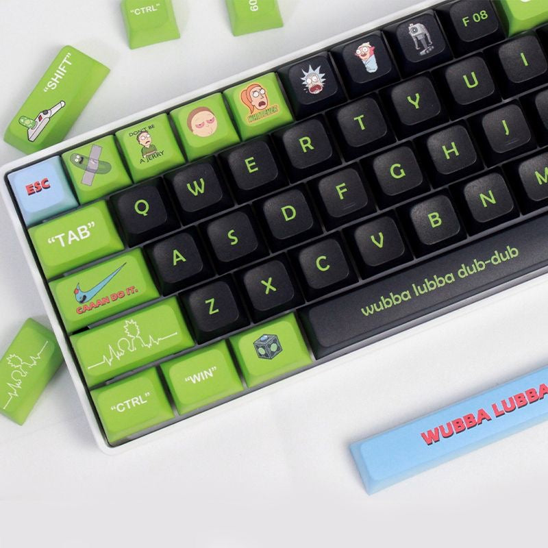 135-key mechanical keyboard keycap set inspired by Rick and Morty, designed by aiheystudio in green and black.