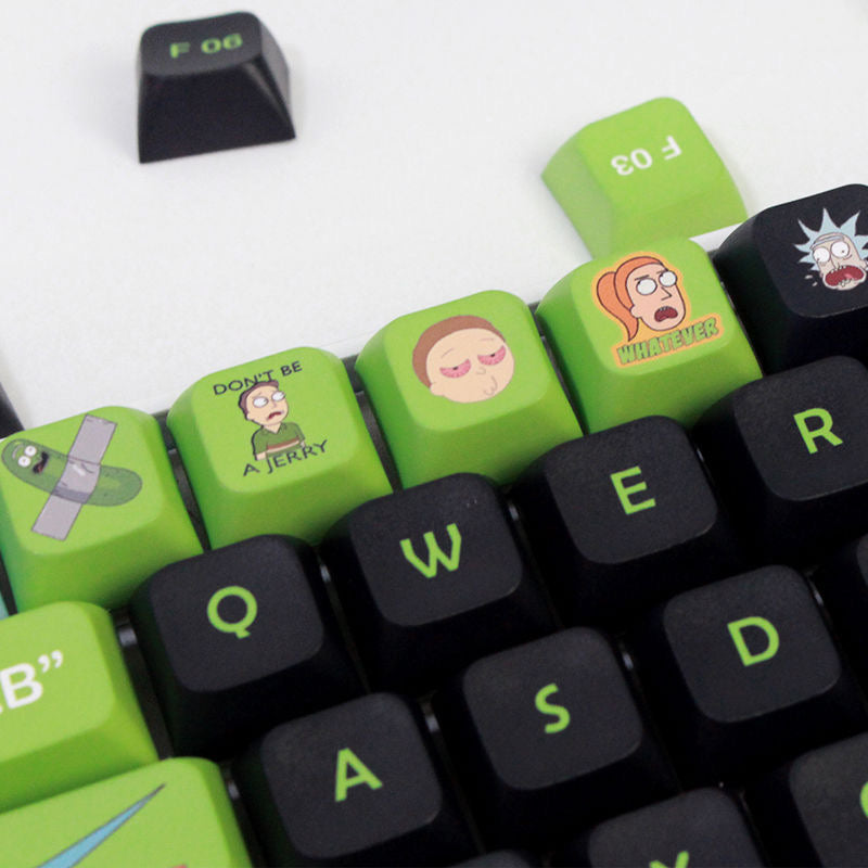 135-key mechanical keyboard keycap set inspired by Rick and Morty, designed by aiheystudio in green and black.