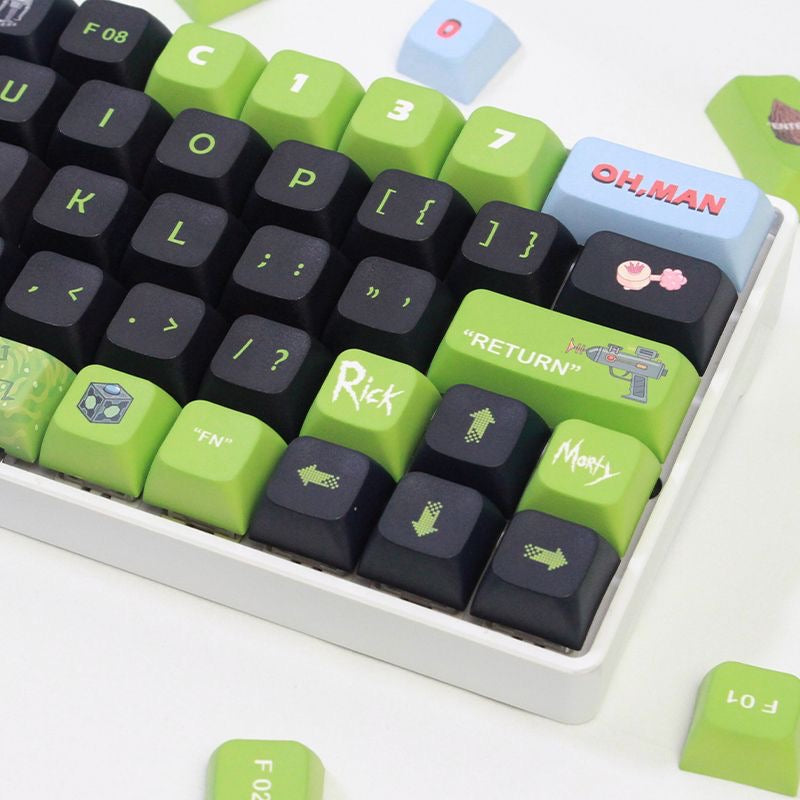 Close-up of aiheystudio’s Rick and Morty keycaps showcasing detailed character designs on durable PBT material.