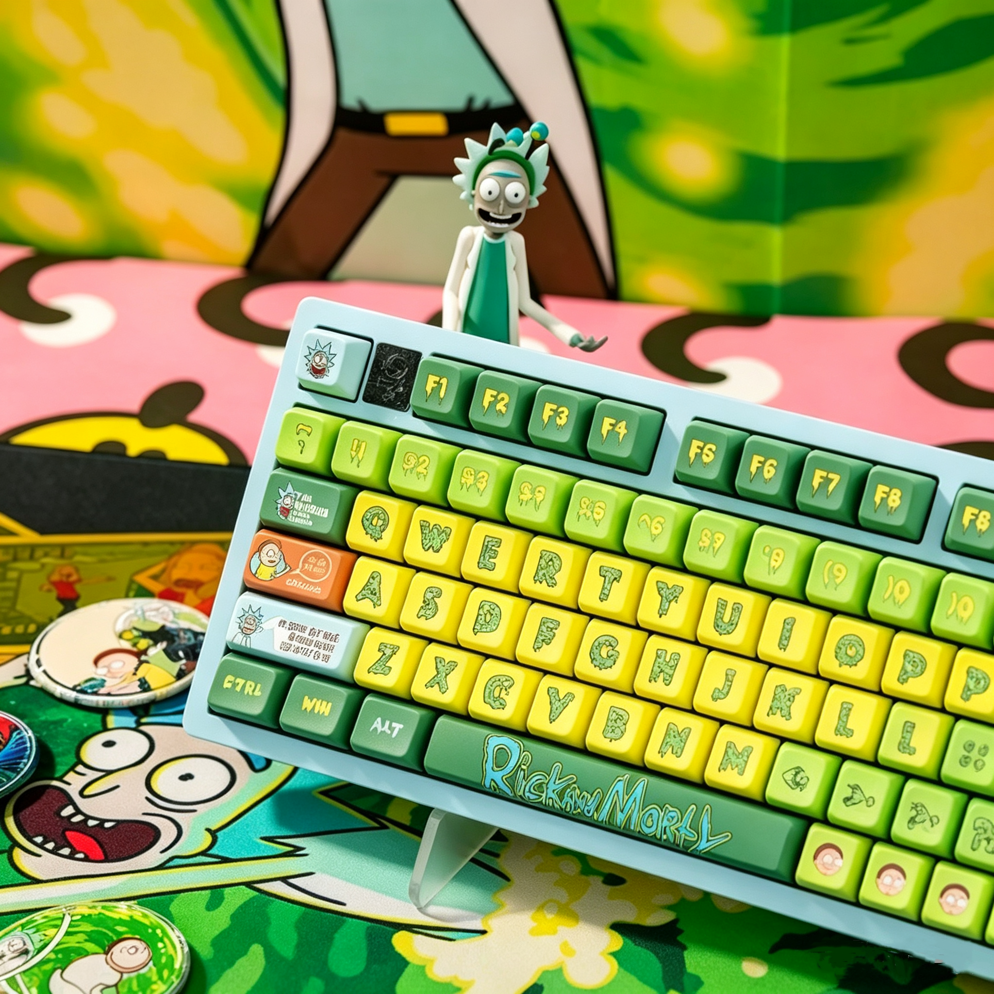rick-and-morty-inspired-mda-keycap-set-with-green-portal-theme-yellow-keycaps-and-cartoon-character-design-for-gaming-mechanical-keyboards