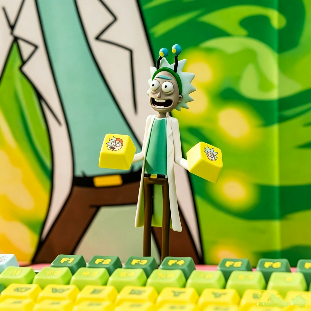 rick-and-morty-mda-profile-pbt-keycap-set-with-toxic-green-portal-gradient-yellow-keys-slime-lettering-and-cartoon-sci-fi-design-for-mechanical-keyboards