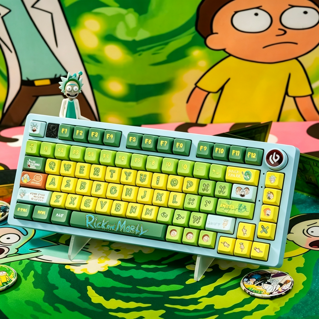rick-and-morty-shine-through-mda-keycap-set-with-backlight-effect-transparent-legends-and-pbt-material-for-gaming-keyboards