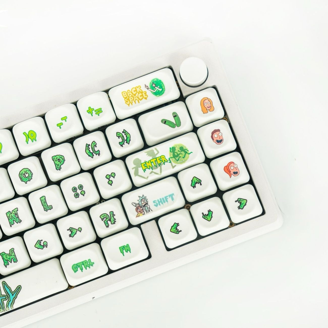 rick-and-morty-keycap-set-with-off-white-keys-radioactive-green-legends-and-colorful-cartoon-design-for-custom-mechanical-keyboards-and-gaming-setups