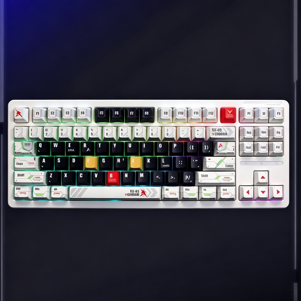 rx-93-nu-gundam-inspired-pbt-keycap-set-with-black-white-mecha-design-red-yellow-accents-and-sci-fi-details-for-mechanical-keyboards