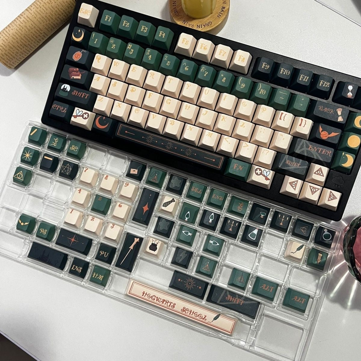 AiheyStudio Slytherin Green Keycap Set in PBT material, offering OEM and MOA profiles for magical typing comfort