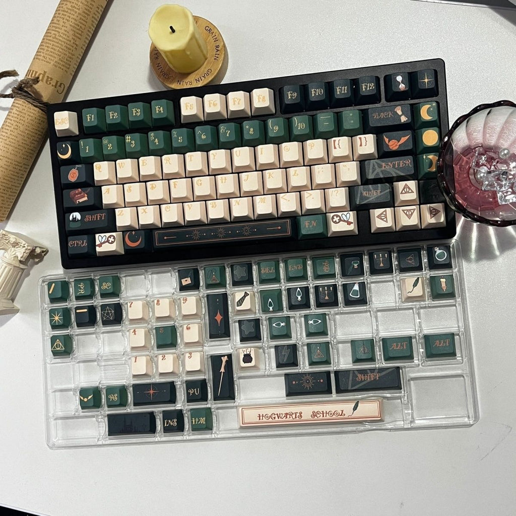 Slytherin green PBT keycap set by aiheystudio featuring 130 keys in a new Hogwarts-inspired design.