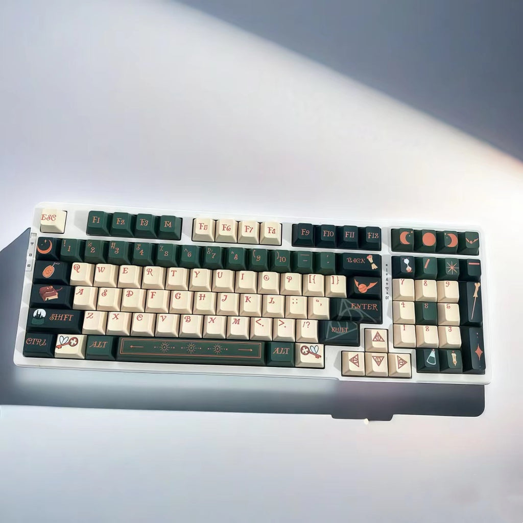 aiheystudio Slytherin-themed PBT keycaps showcasing house colors and serpent motifs in full layout.