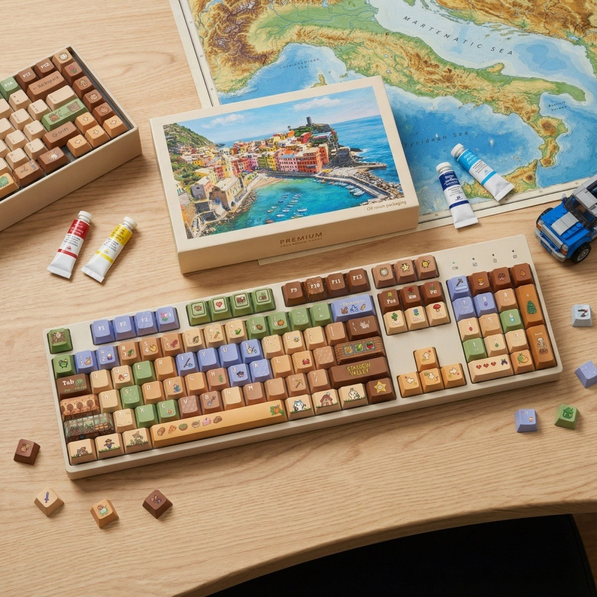 Stardew Valley PBT keycaps with Junimo and farm designs