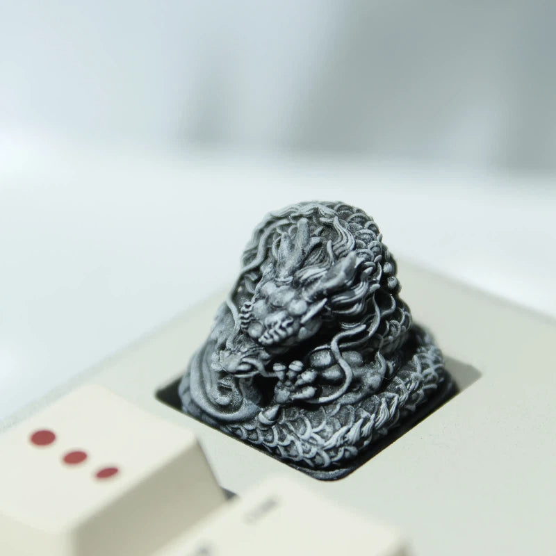 Stone textured long horned dragon artisan keycap with ancient mythical creature design for collectors