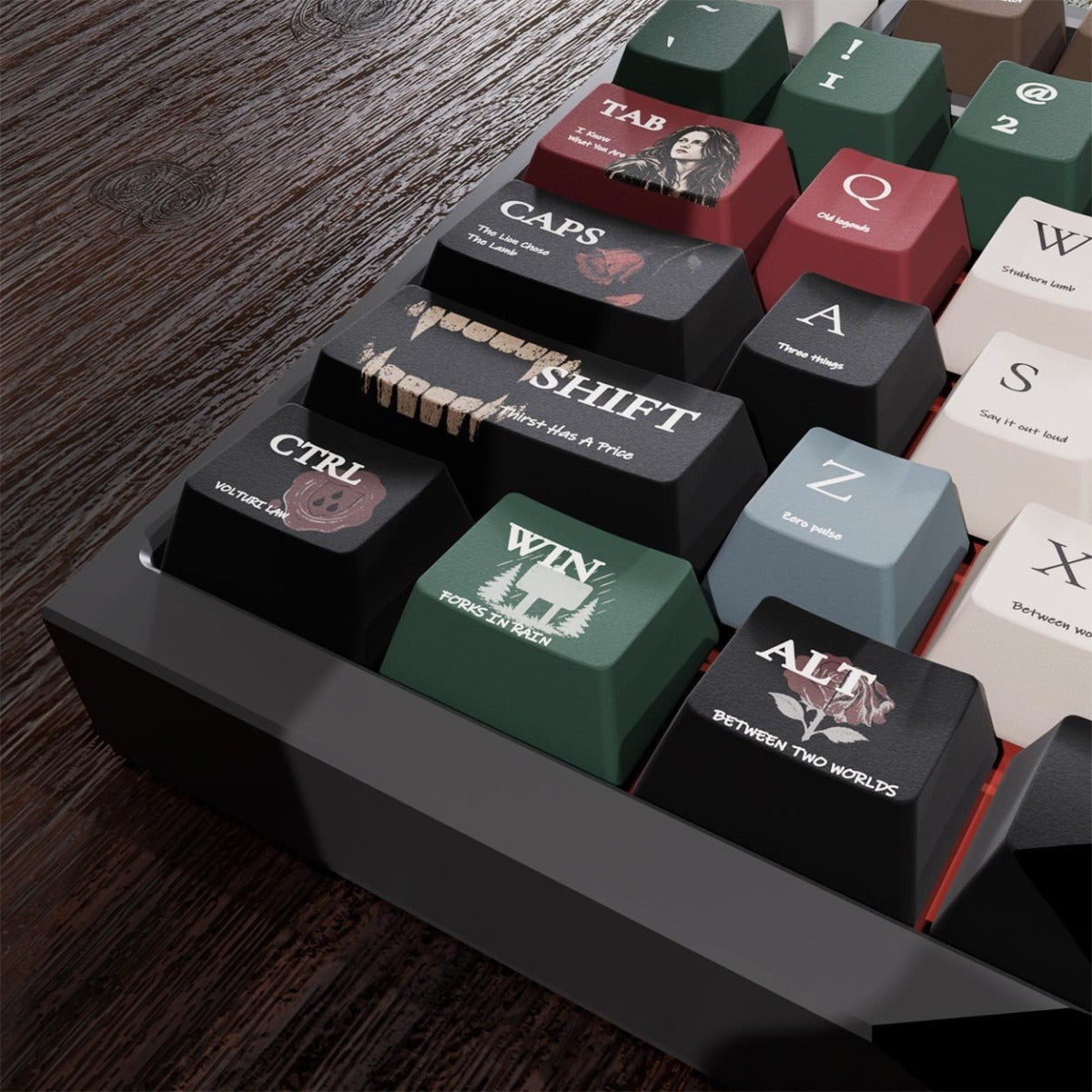 Twilight Bella and Edward keycaps in forest green black and cream