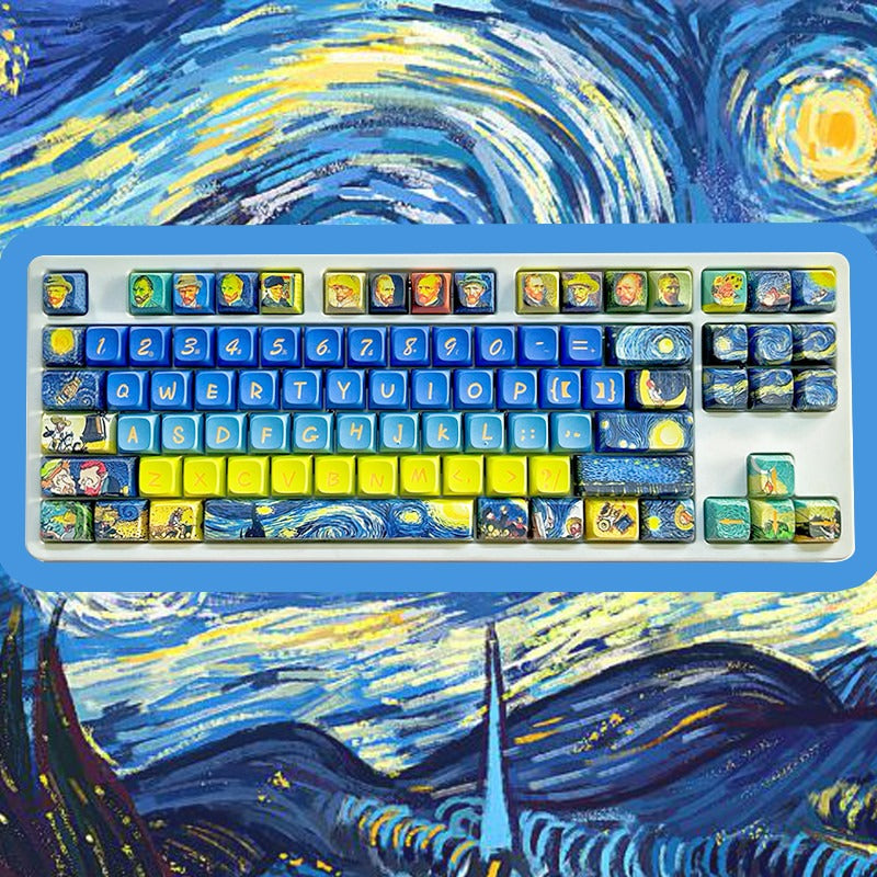 van-gogh-starry-night-inspired-pbt-keycap-set-with-blue-yellow-oil-painting-artwork-brushstroke-design-and-fine-art-style-for-mechanical-keyboards