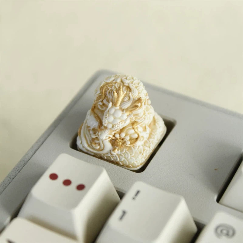 White gold long horned dragon artisan keycap featuring elegant mythical dragon sculpture design