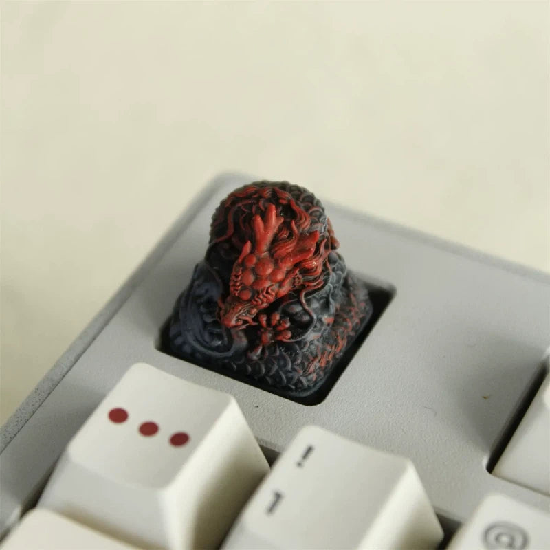 White gold short horned Oriental Dragon artisan keycap with detailed resin craftsmanship for mechanical keyboards