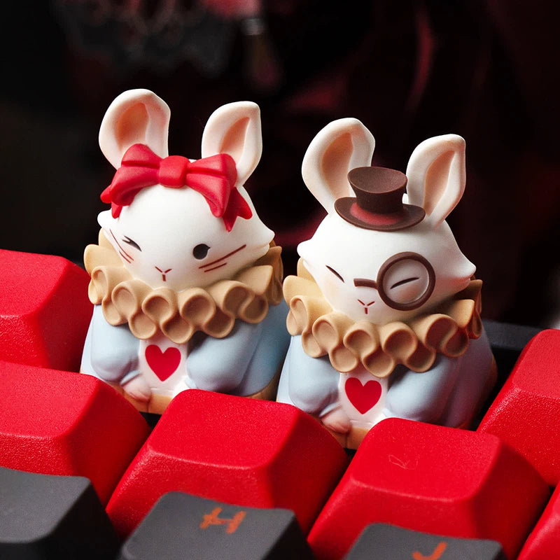 wonderland-rabbit-resin-artisan-keycaps-with-gentleman-rabbit-top-hat-and-red-bow-rabbit-fantasy-character-design-for-mechanical-keyboards