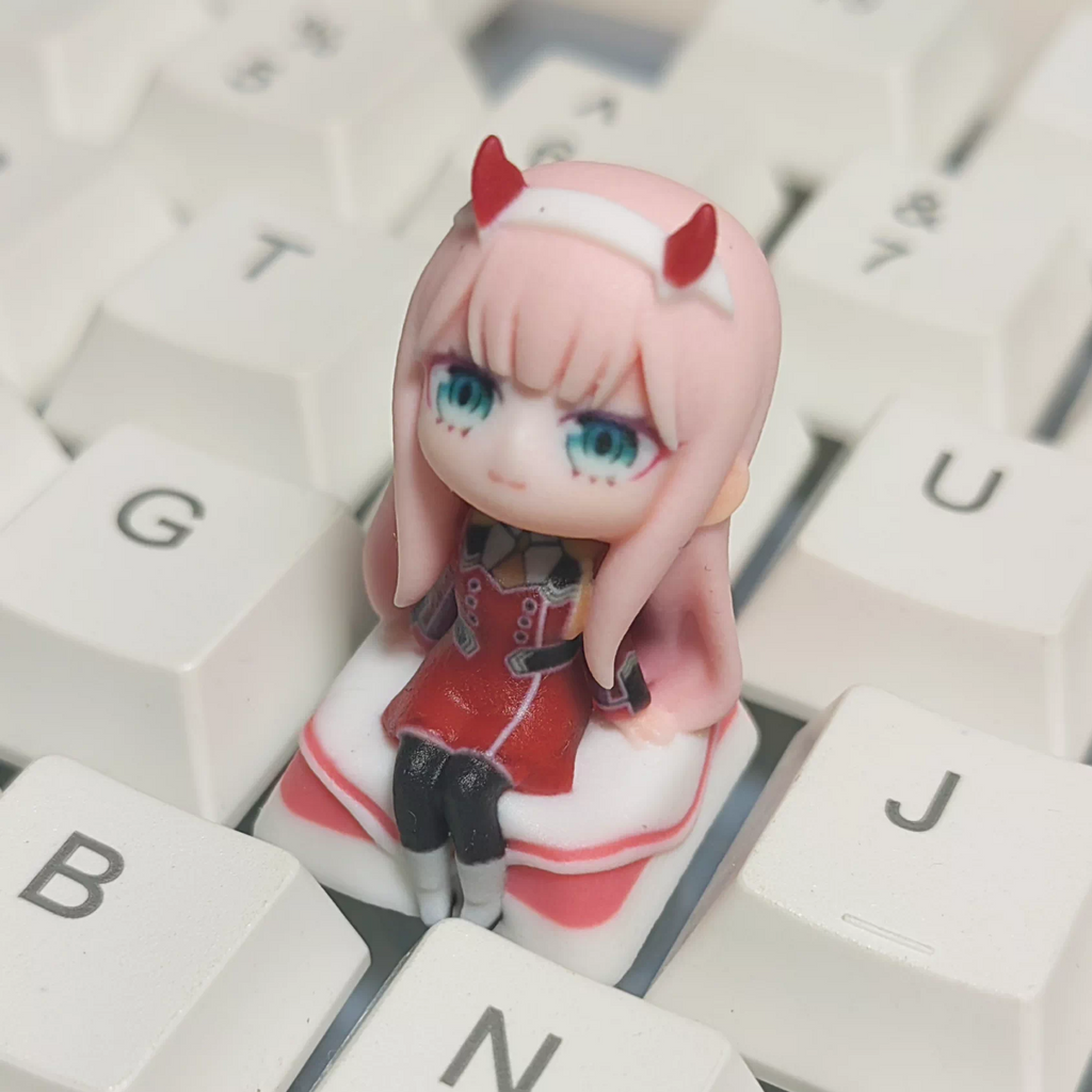Zero Two keycap collection featuring detailed anime character sculpting for custom mechanical keyboards