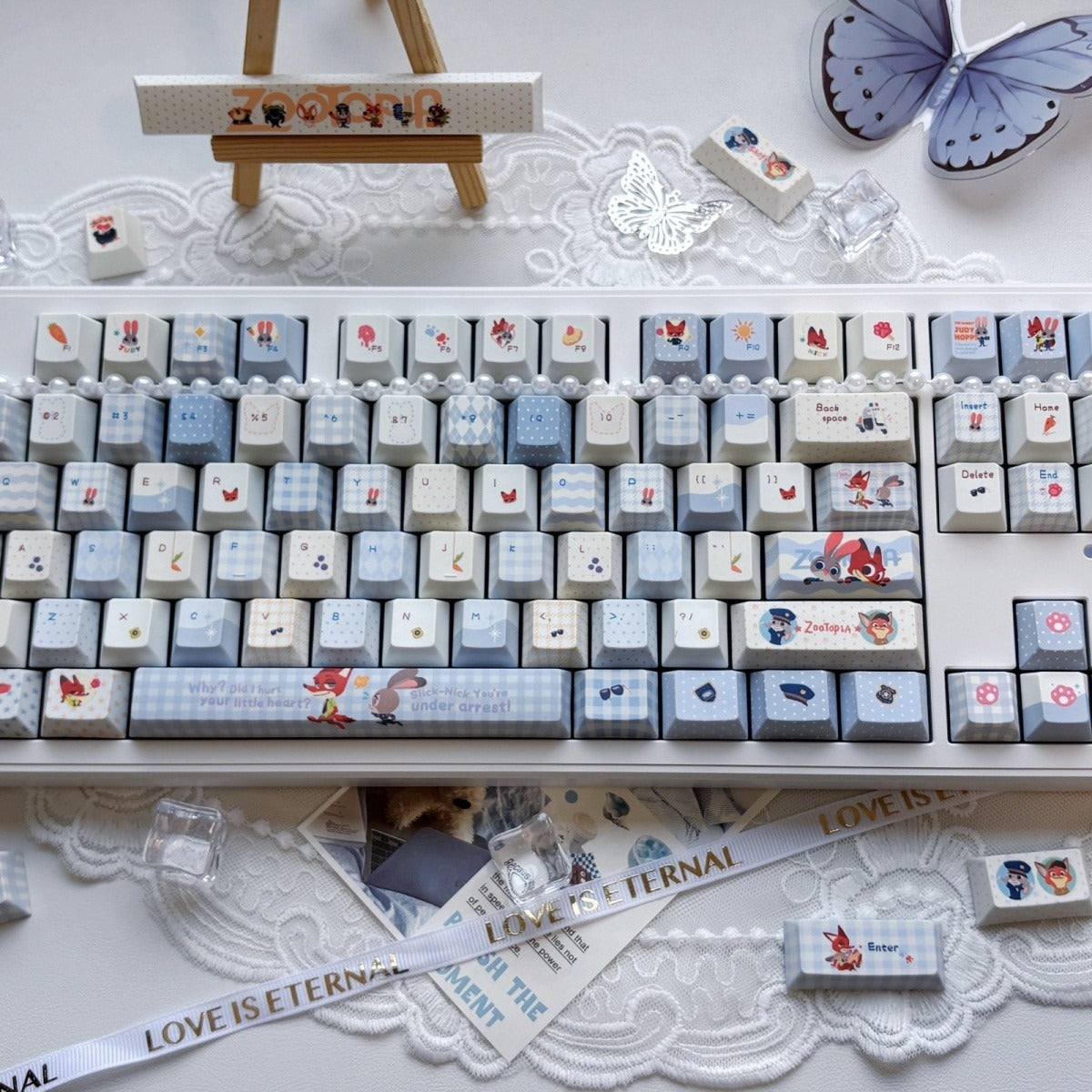 Zootopia blue plaid keycaps with Judy Hopps and Nick Wilde artwork