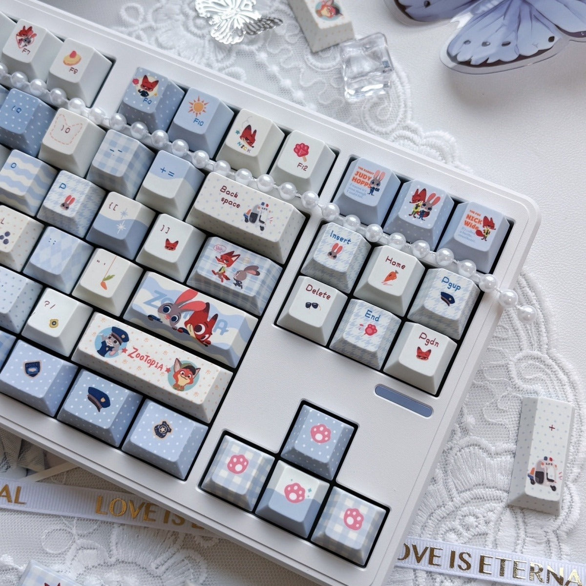 Judy Hopps and Nick Wilde mechanical keyboard keycaps in pastel blue