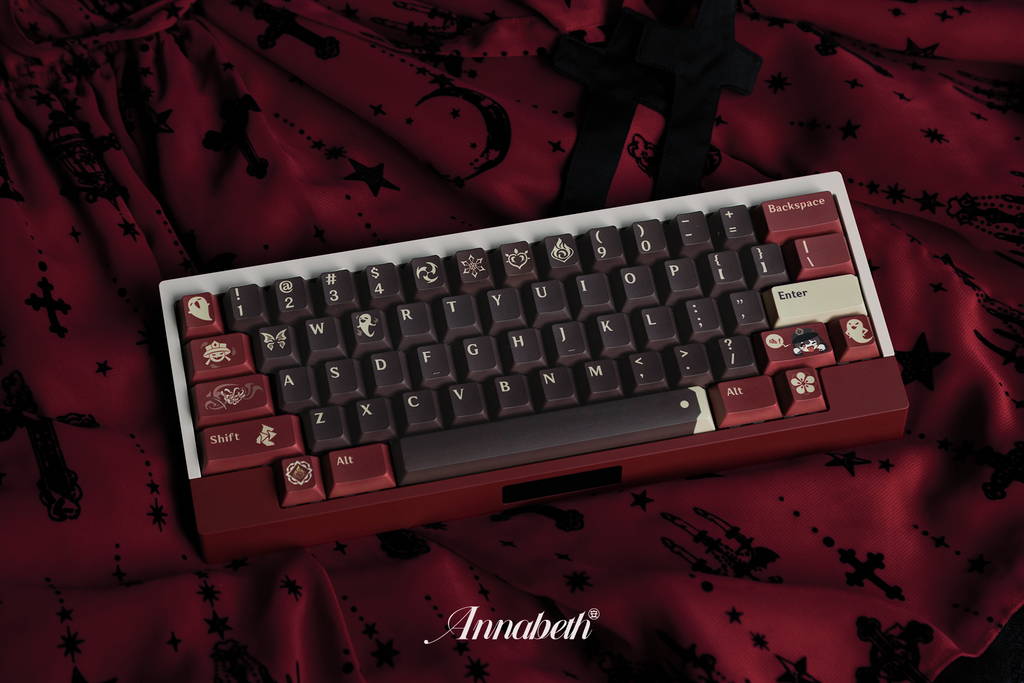 Versemonger of the Darkest Alleys Hutao keycaps set, featuring vibrant designs inspired by Genshin Impact for mechanical keyboards.
